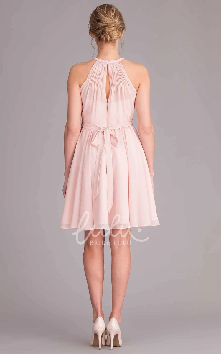 Sleeveless Chiffon Bridesmaid Dress with Scoop Neck Bow and Pleats