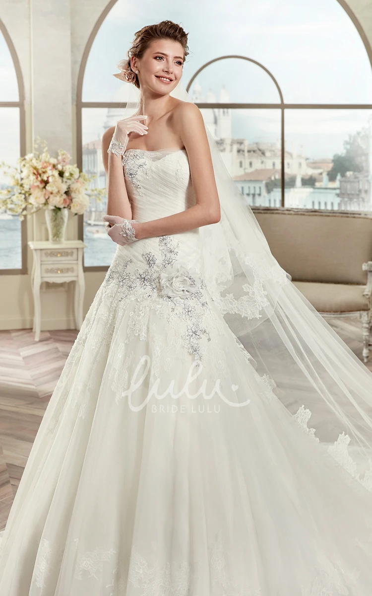 Pleated Strapless A-Line Wedding Dress with Fine Appliques and Court Train