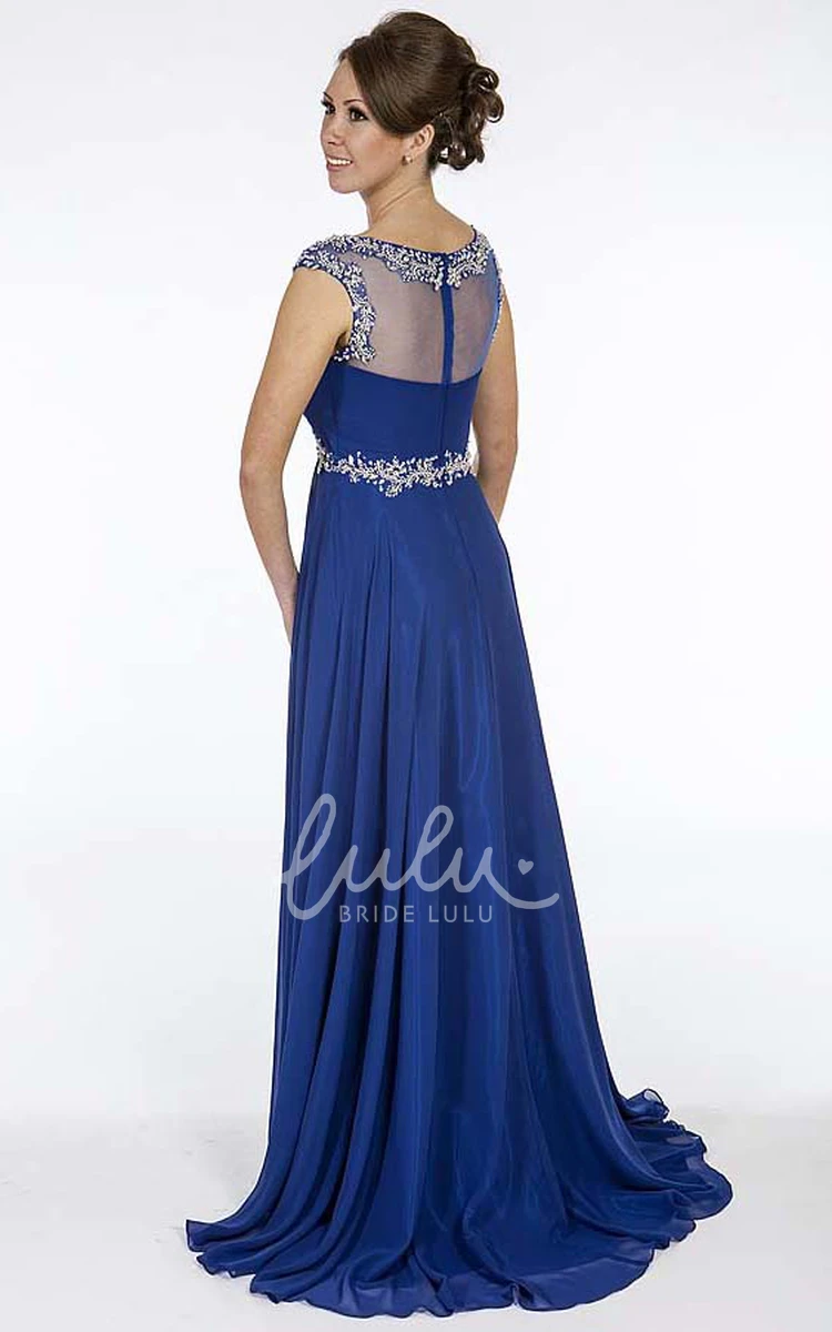 Empire Beaded Chiffon Prom Dress with Cap-Sleeves and Ruching A-Line