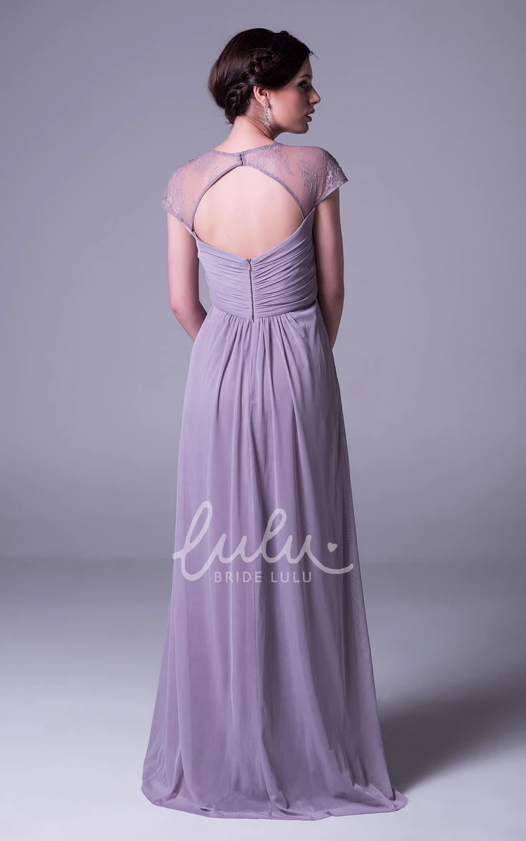 V-Neck Lace Chiffon Bridesmaid Dress Cap Sleeve Empire Style