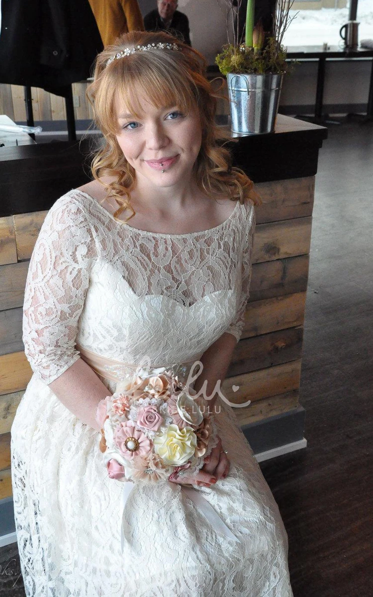Bateau Lace Illusion Sleeve Deep-V Back Wedding Dress with Sequin Sash