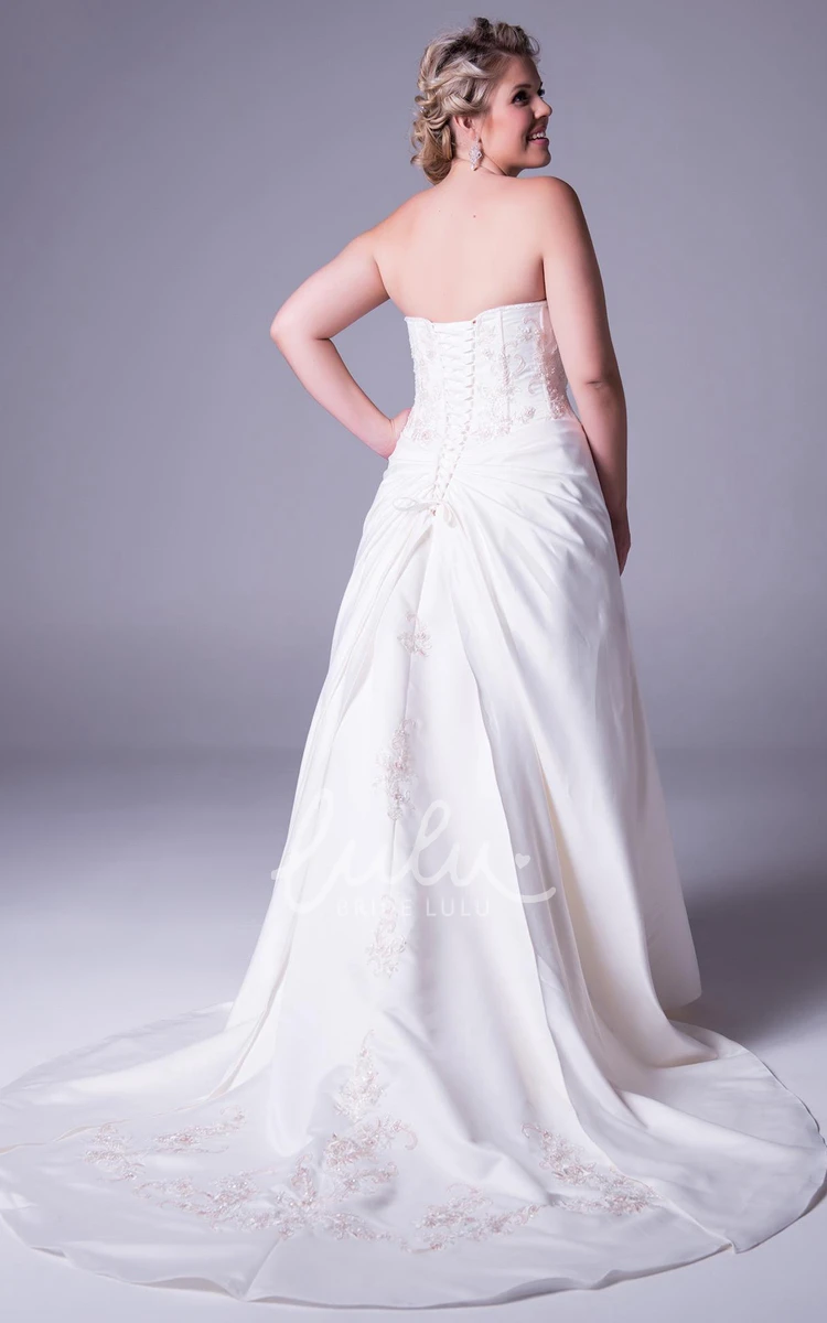 Embroidered Taffeta Plus Size Wedding Dress with Corset Back and Floor-Length Train