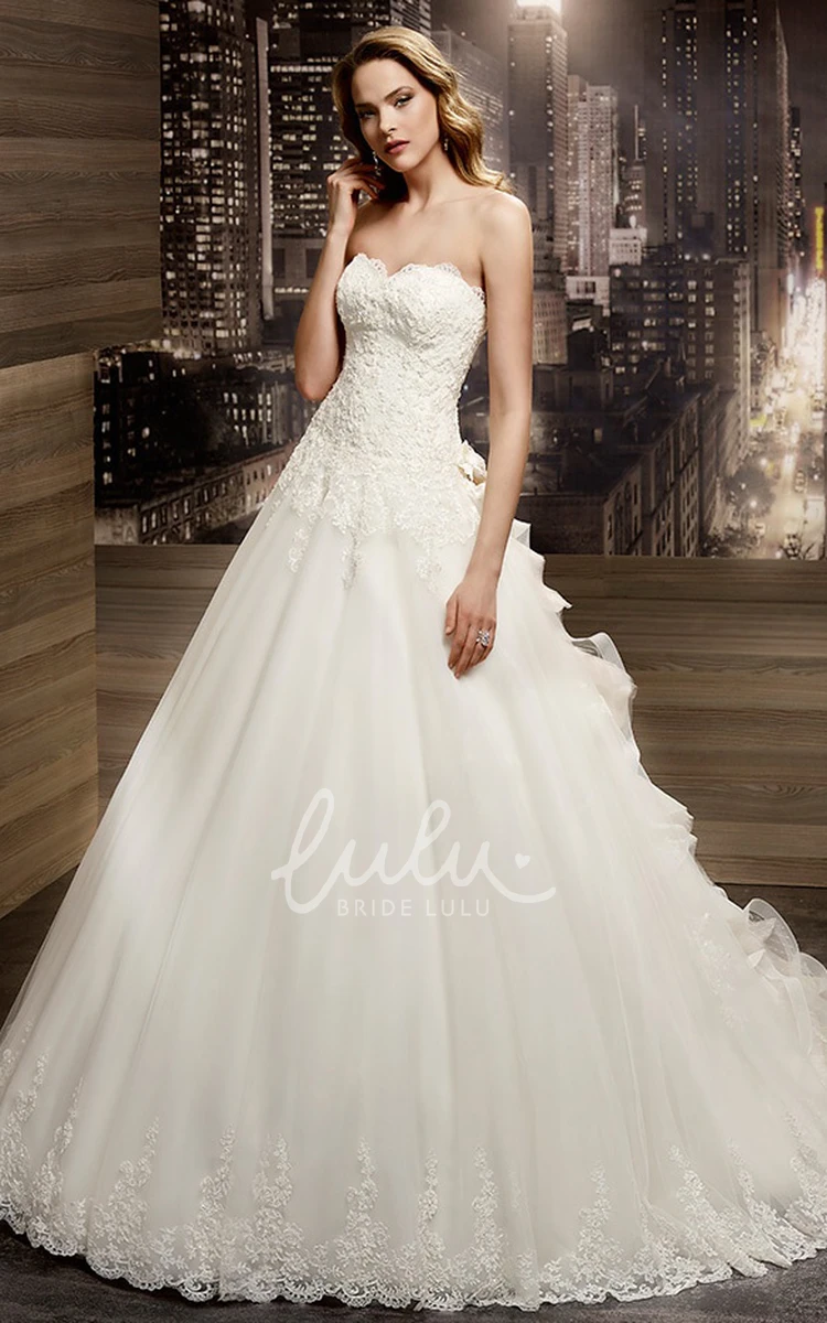 Lace-up Back A-line Wedding Dress with Strapless Appliques and Ruching Train Classy Bridal Gown