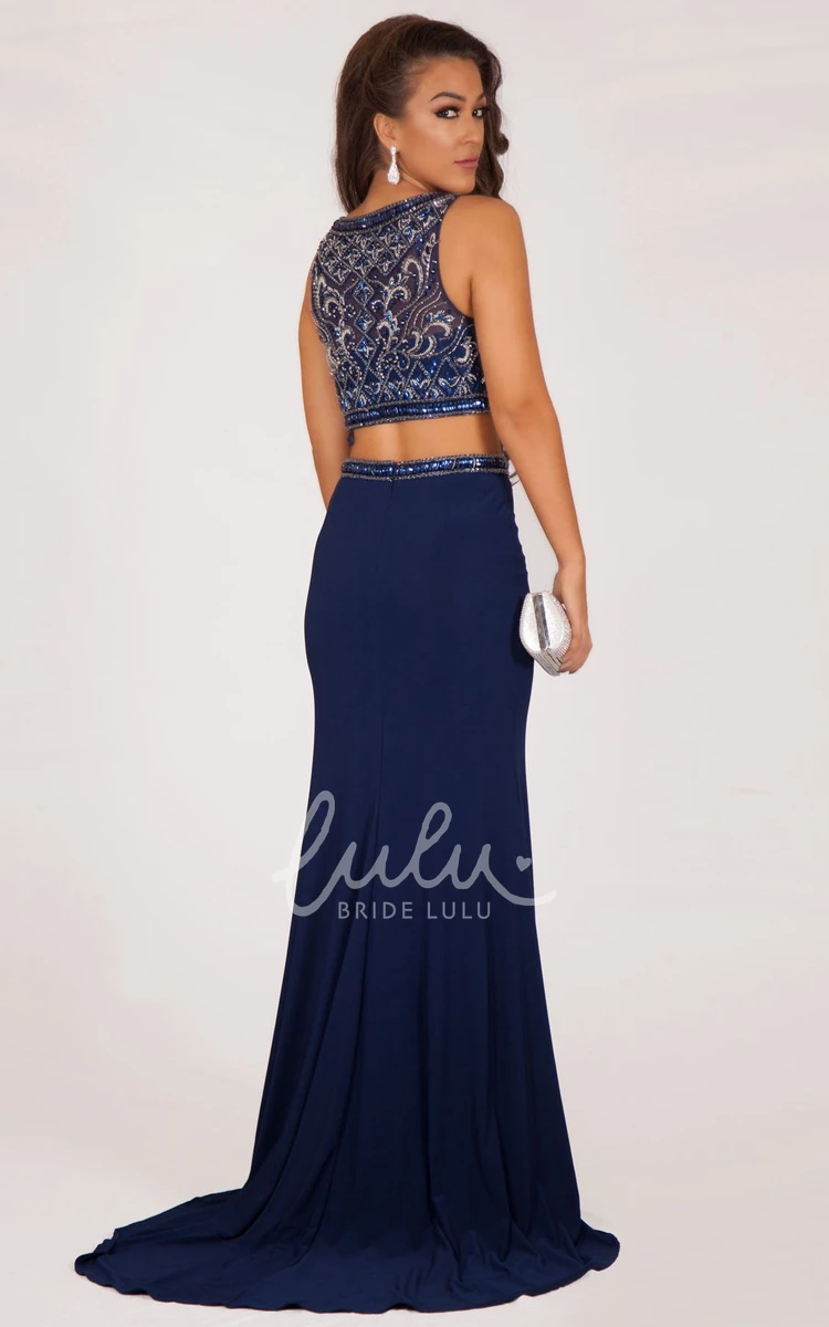 Split Front Beaded Jersey Prom Dress Sheath Floor-Length Style