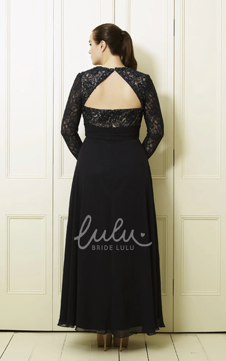 Plus Size Lace&Chiffon Prom Dress with A-Line V-Neck and Long-Sleeves