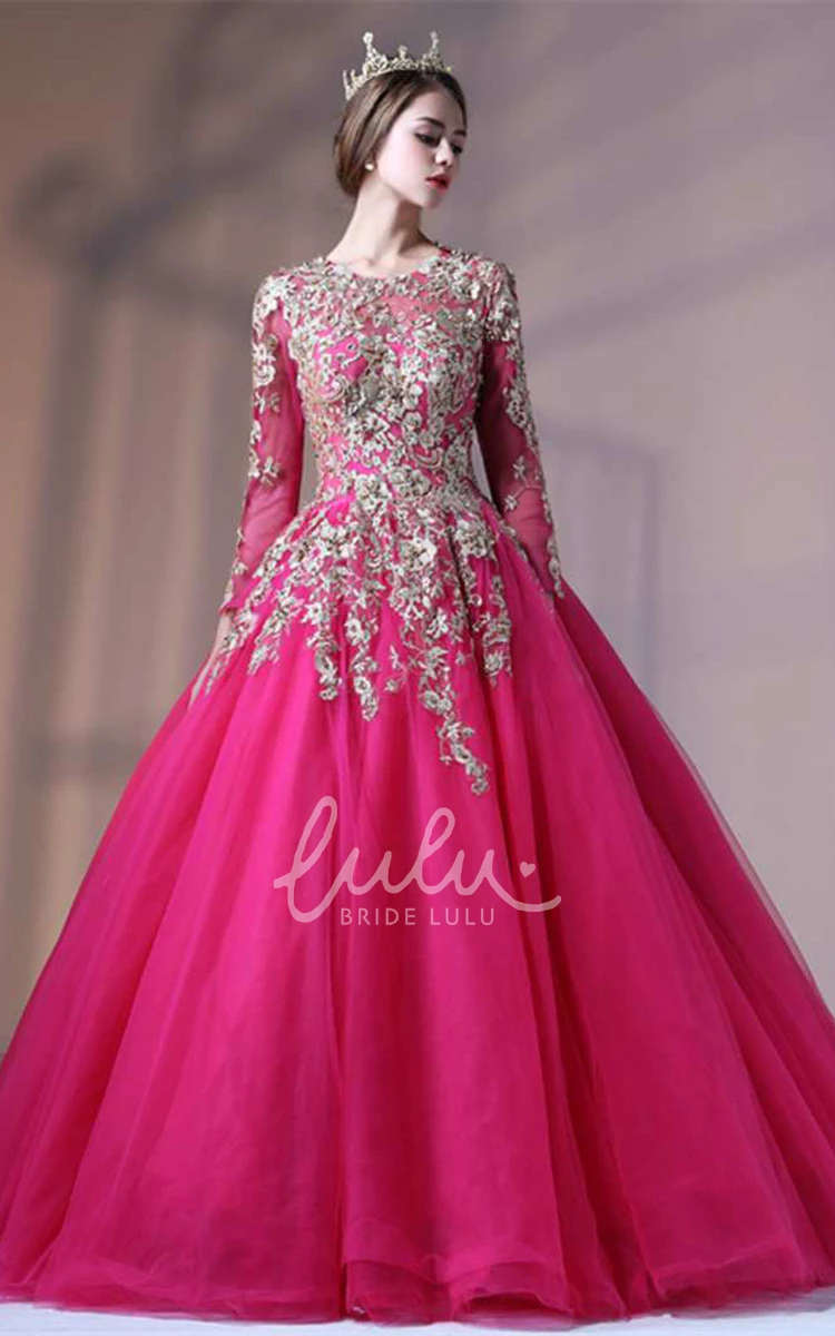 Lace Sleeve Tulle Ball Gown with Keyhole Back Elegant Formal Dress