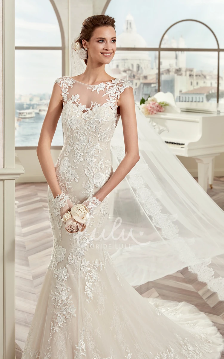 Cap Sleeve Mermaid Wedding Dress with Illusion Neckline and Open Back