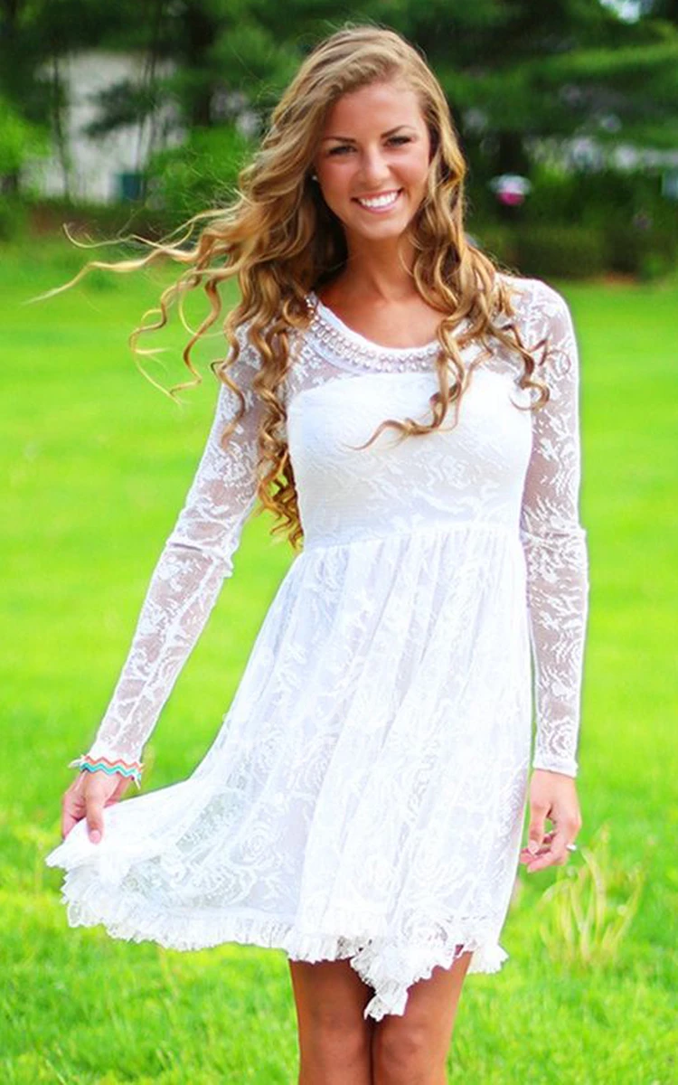 Classic Simple Lace Knee-Length Beach Wedding Dress with Beadings Casual Bridal Gown