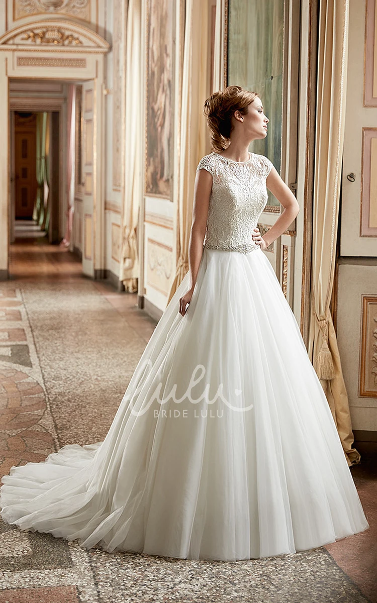 Tulle and Lace A-Line Wedding Dress with Cap Sleeves and Waist Jewelry