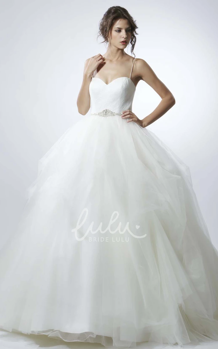 Spaghetti Jeweled Tulle Wedding Dress with Sweep Train Gorgeous Bridal Gown