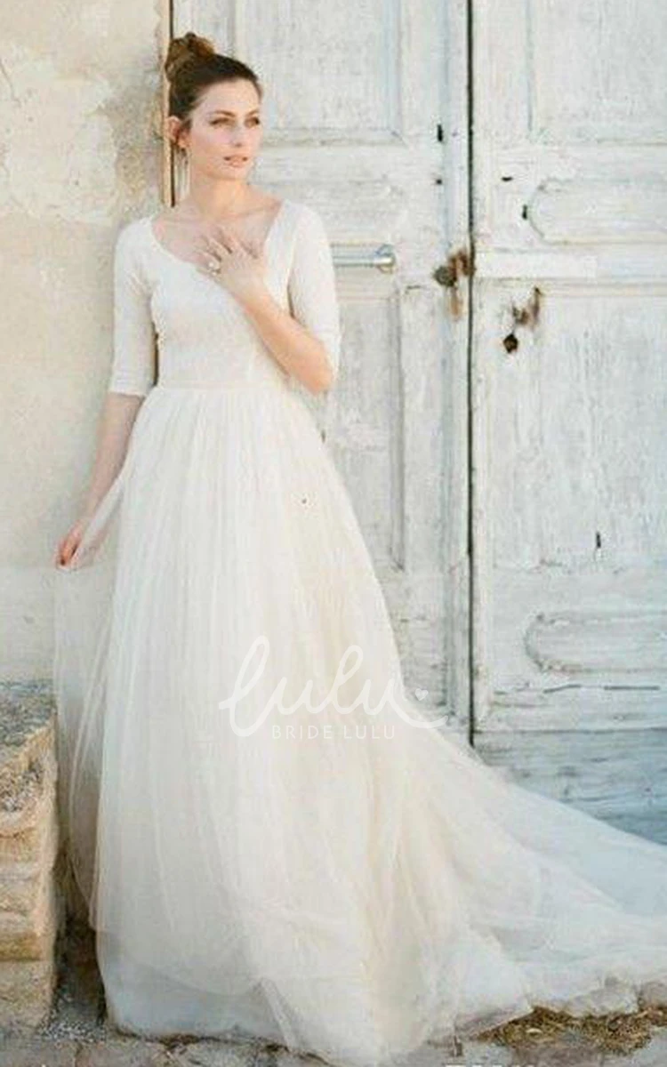 Lace Tulle A-Line Wedding Gown with Scoop Neck Zipper