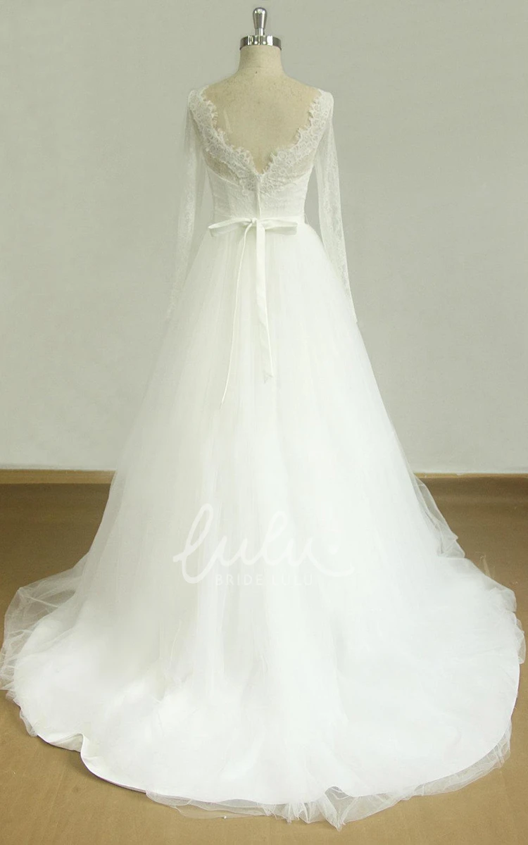 Beaded V-Neck Tulle and Satin Wedding Dress with Long Sleeves