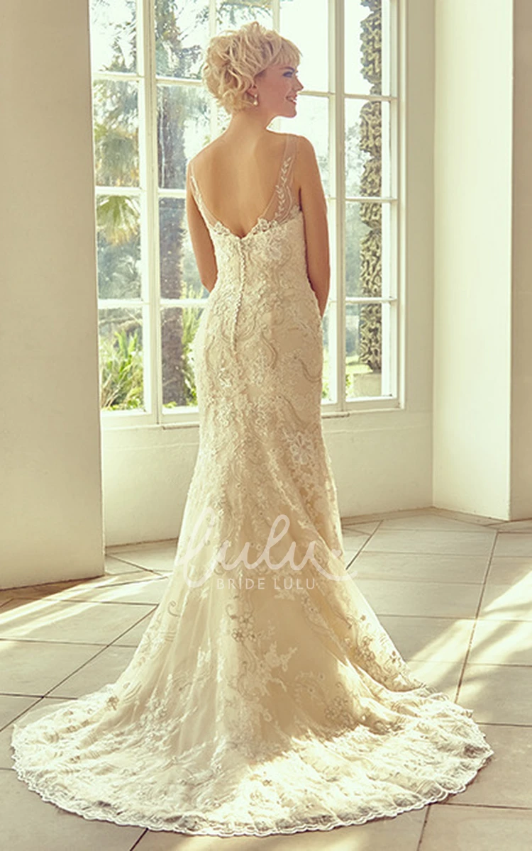 V-Neck Lace Wedding Dress with Sweep Train and V Back Classic Bridal Gown