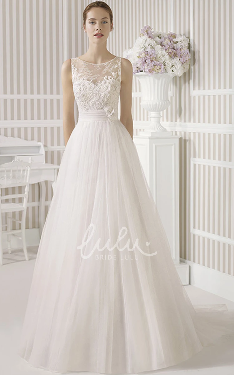 Lace Sleeveless A-Line Wedding Dress with Illusion Back and Flower Detail