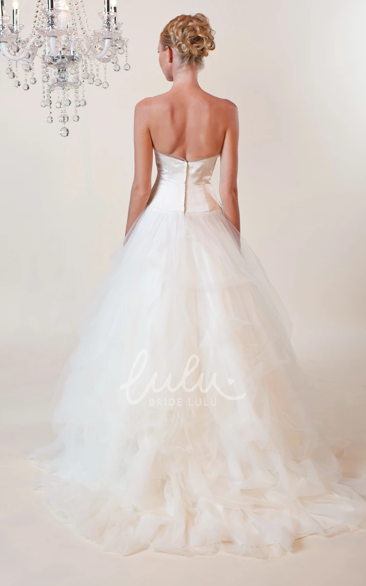 A-Line Ruffled Strapless Tulle Wedding Dress with Beading and Flower Flowy Bridal Gown