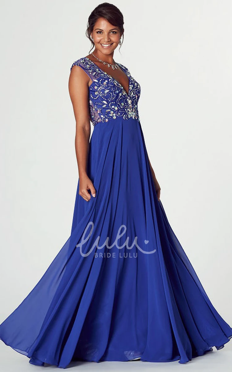 Chiffon V-Neck Crystal Cap Sleeve Prom Dress With Keyhole