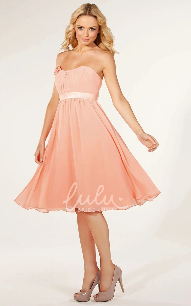 Floral Strapless Chiffon Bridesmaid Dress Knee-Length with Ruching and Lace-Up