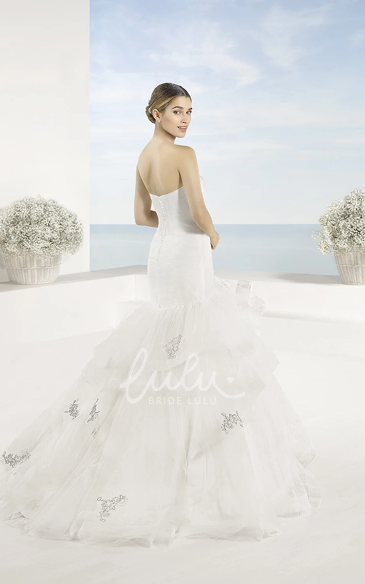 Tulle Wedding Dress with Cascading-Ruffle and Appliques + A-Line + Strapless
