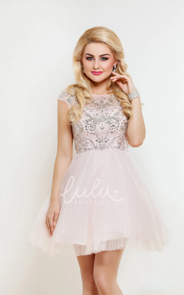 Tulle A-Line Short Formal Dress with Beading and Pleats