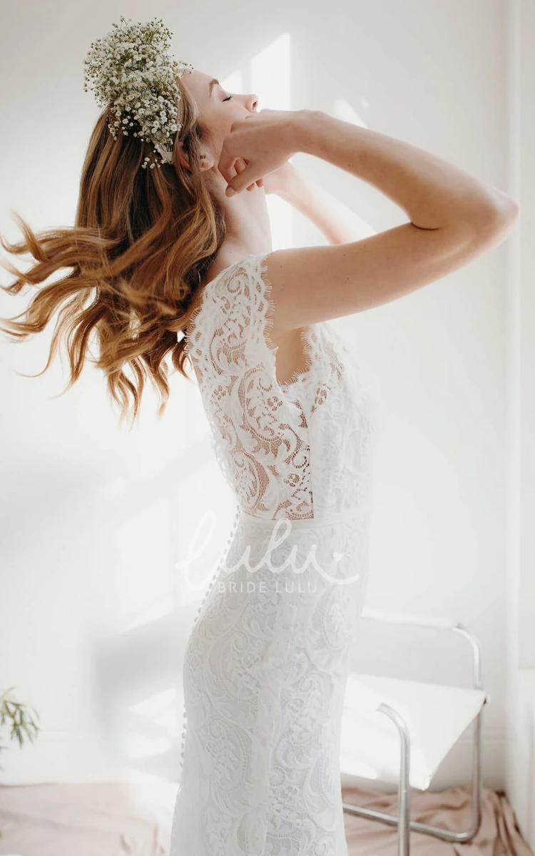 Lace Sheath Deep V-neck Wedding Dress with Cap Sleeves and Court Train