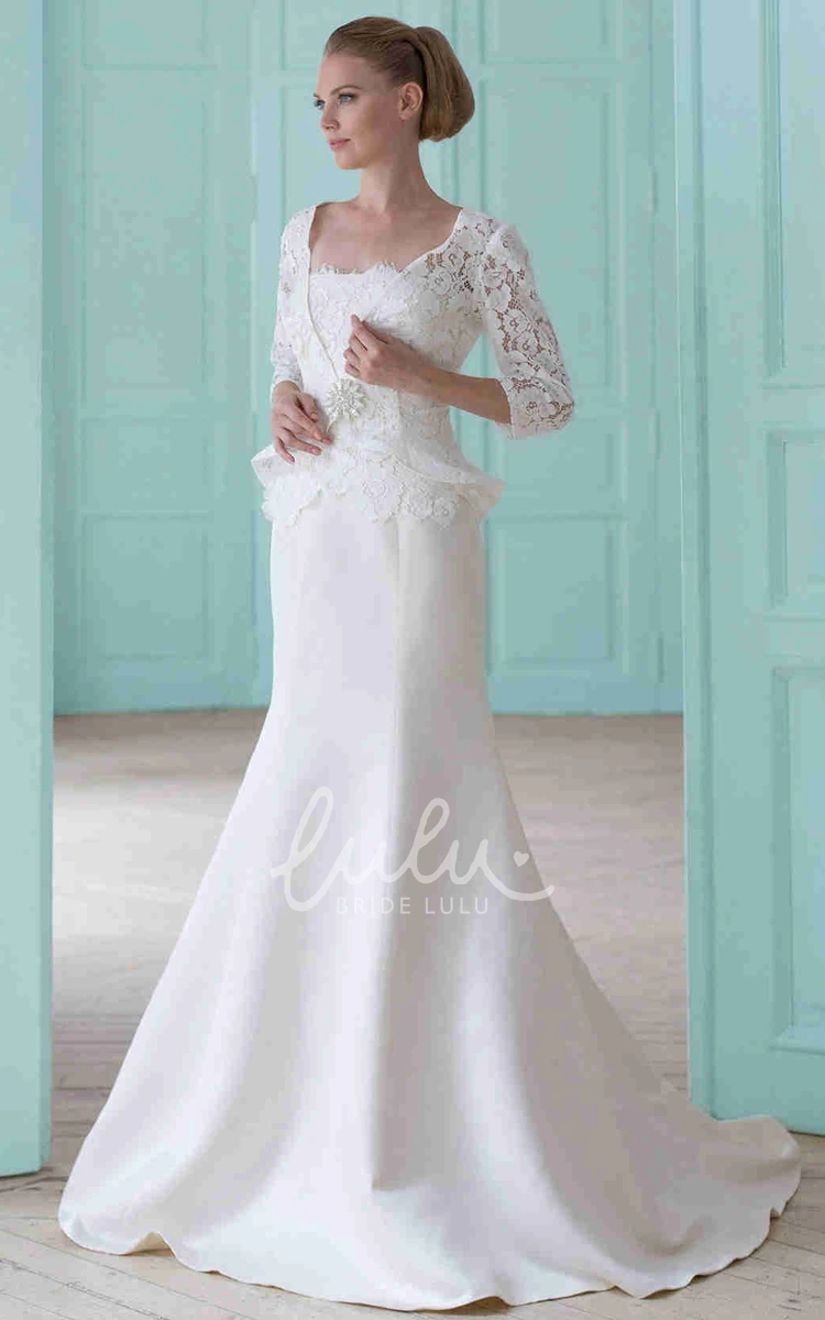 Satin&Lace Square-Neck Sheath Wedding Dress with Broach and Illusion Modern Bridal Gown