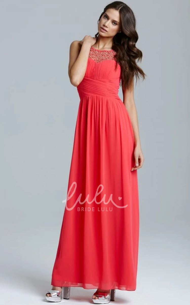 Ruched Chiffon Bridesmaid Dress Ankle-Length with Sleeveless Scoop Neck