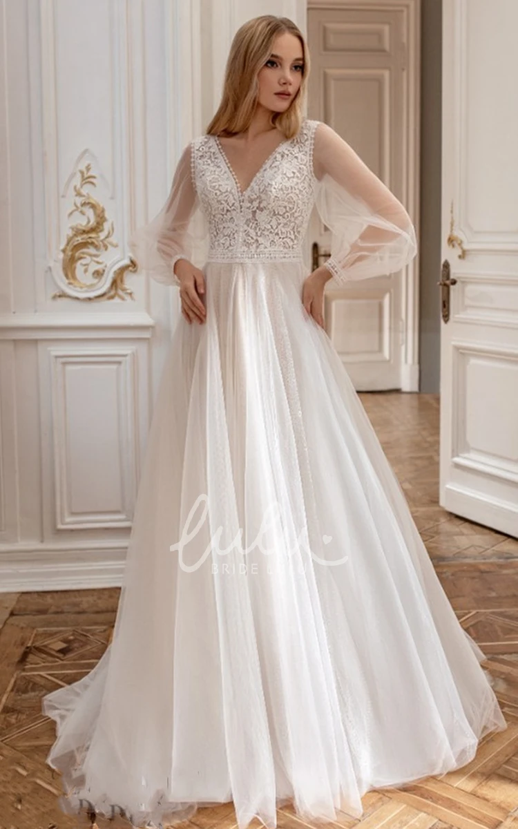 Romantic V-neck Tulle Wedding Dress with Sweep Train A-Line Wedding Dress