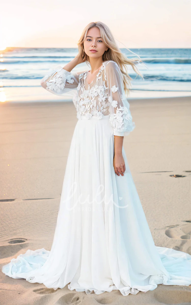 V-neck 3D Lace Flower Long Sleeve A-Line Ethereal Floor-length Wedding Dress with Train