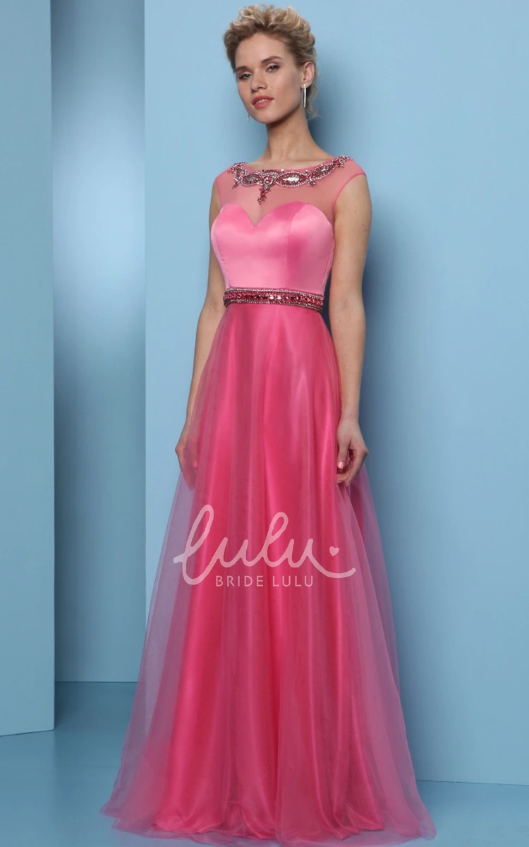 Long A-Line Prom Dress with Scoop-Neck Beaded Tulle & Satin and Waist Jewellery