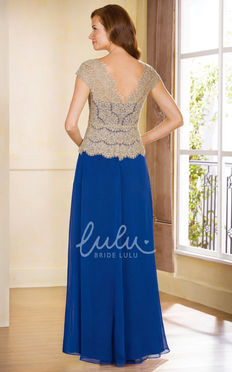 Long Chiffon Mother of the Bride Dress with Lace Bodice and Cap Sleeves