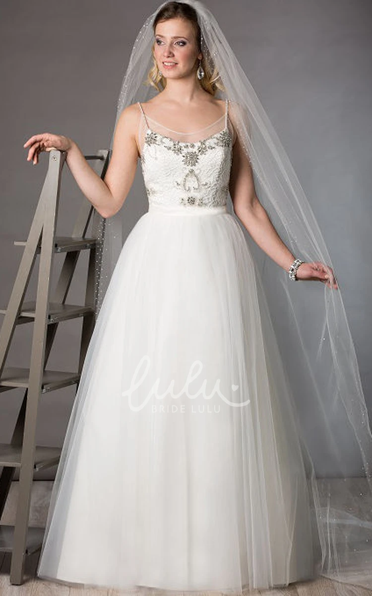 Crystal Top Ball Gown Wedding Dress with Tulle Skirt and Spaghetti Straps