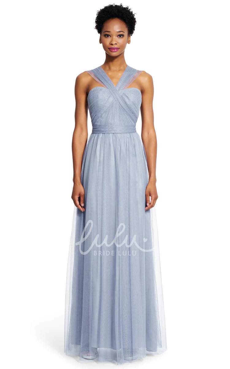 A-Line Ruched Tulle Bridesmaid Dress with Sash Maxi Sleeveless