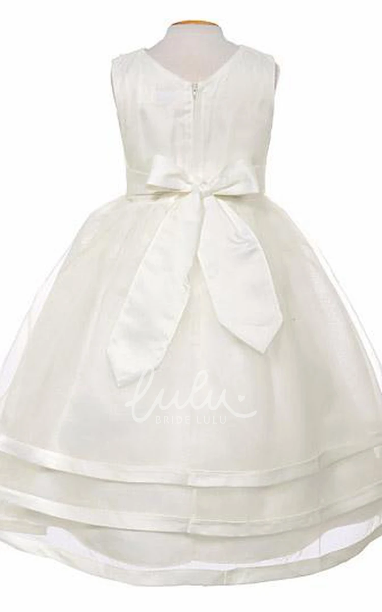 V-Neck Organza and Satin Flower Girl Dress with Tiered Pleated Skirt and Sash