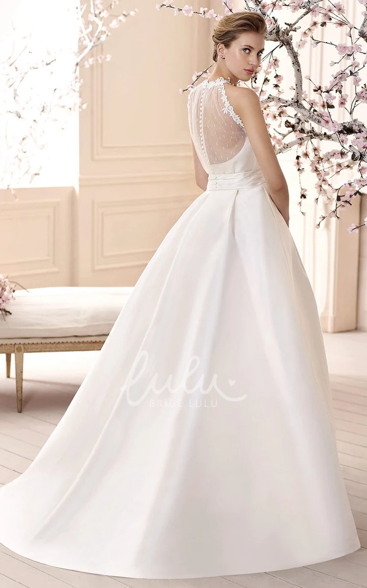 Sleeveless A-Line Satin Wedding Dress with High-Neck and Floor-Length Simple Wedding Dress