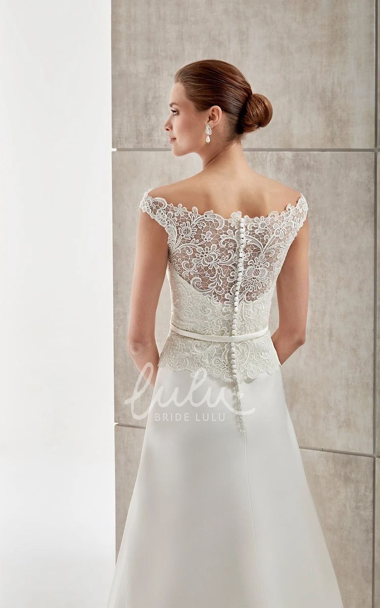 Lace Bodice Satin Wedding Dress with Cap-Sleeves and Jewel-Neckline