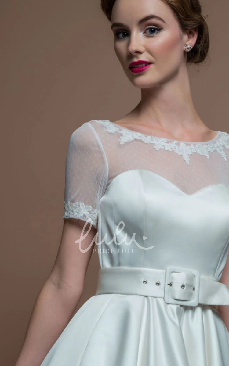 Short-Sleeve Scoop-Neck Satin A-Line Wedding Dress with Illusion and Tea-Length