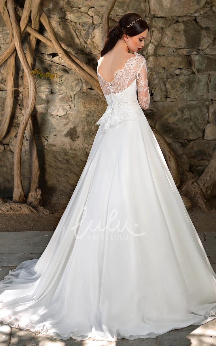 High-Neck Illusion-Sleeve A-Line Dress with Lace Appliques and Pleatings