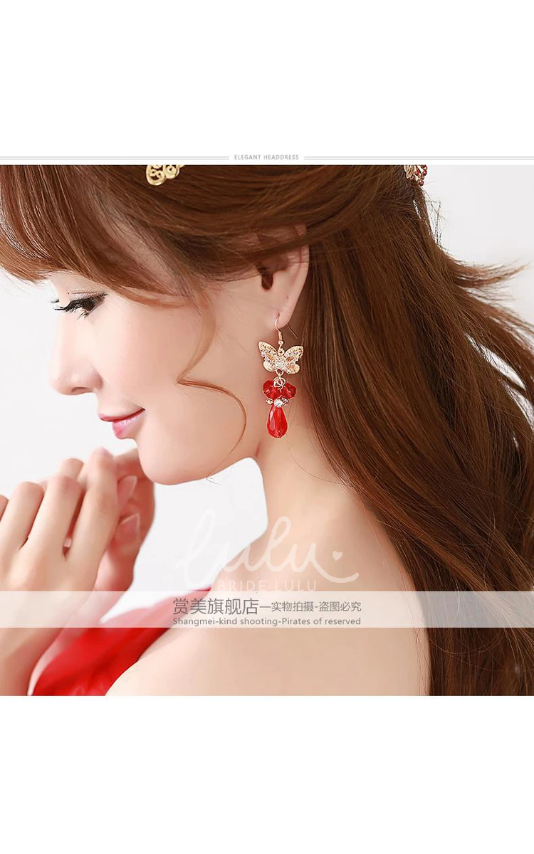 Chinese Cheongsam Wedding Hair Accessories Set with Red Hairpin U-Shaped Clip and Plate