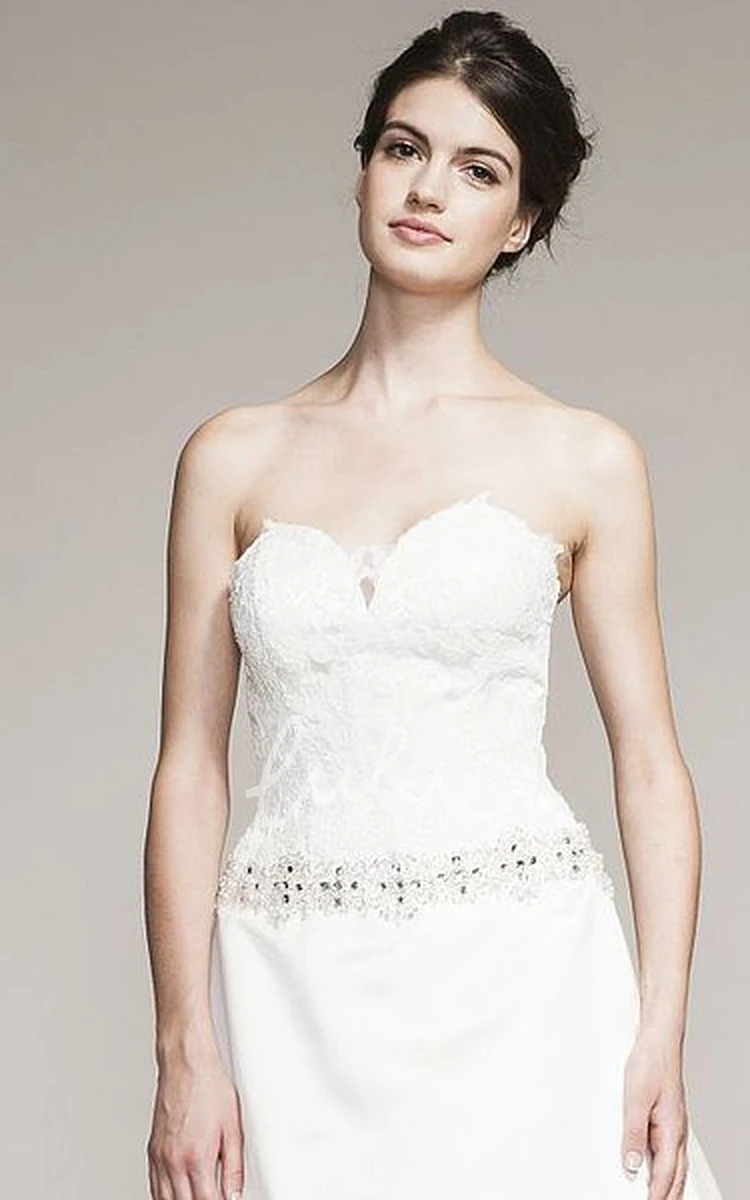 Sweetheart Satin A-Line Wedding Dress with Jeweled Lace and Long Train