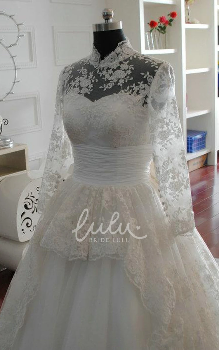 High Neck Bell Sleeve A-Line Wedding Dress with Illusion Lace and Sequins