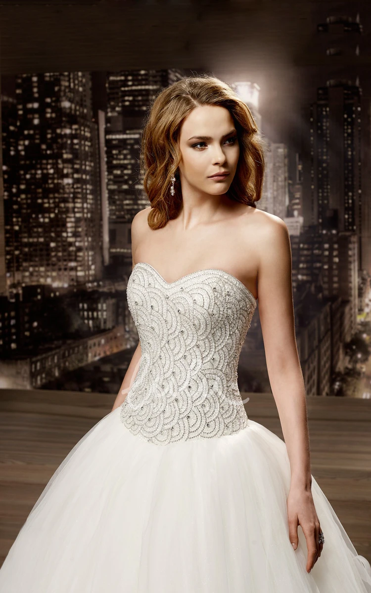 A-line Wedding Dress with Ruffles and Beaded Bodice Sweetheart Lace-up Back