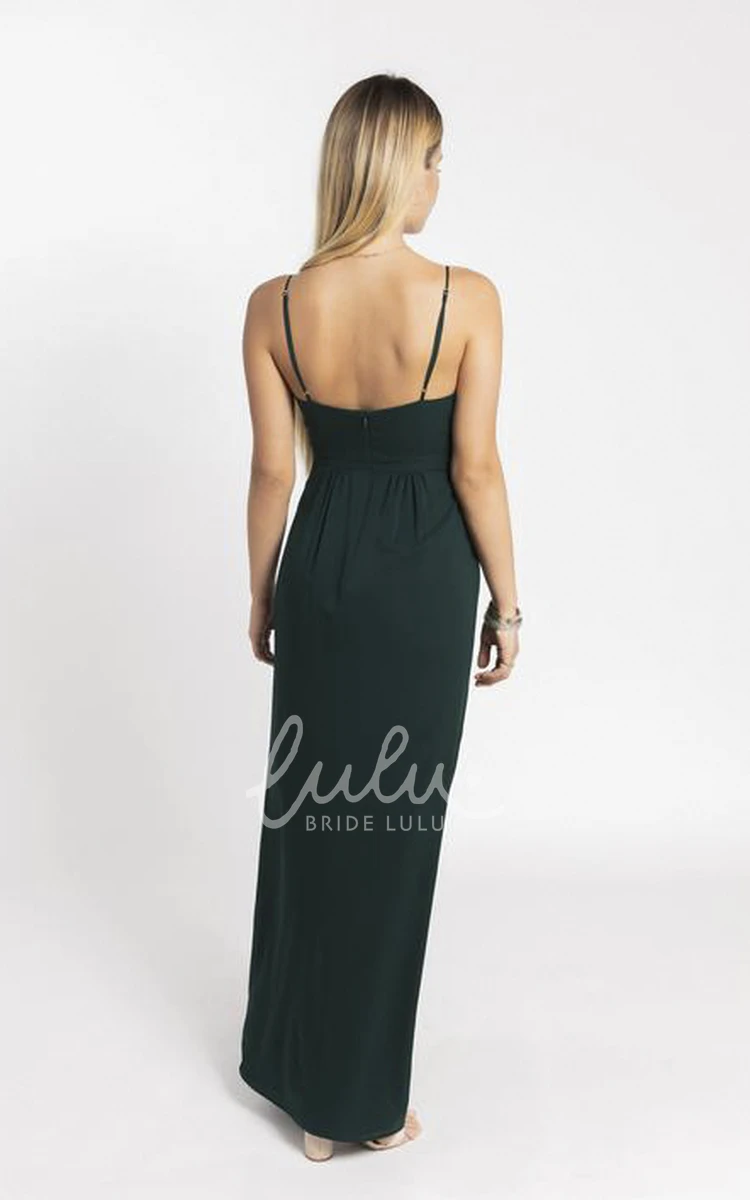 Simple Spaghetti Straps V-neck Bridesmaid Dress with Open Back Flowy Bridesmaid Party Gown