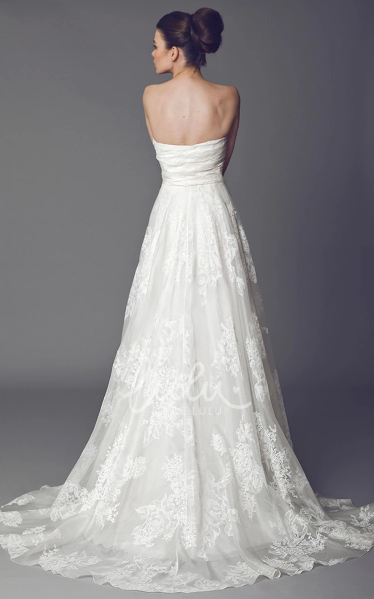 Lace Appliqued Strapless Wedding Dress with Sweep Train and V-Back Elegant Bridal Gown