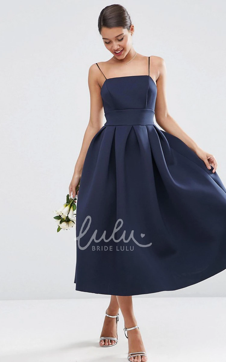 Satin Bridesmaid Dress A-Line Tea-Length Spaghetti Sleeveless