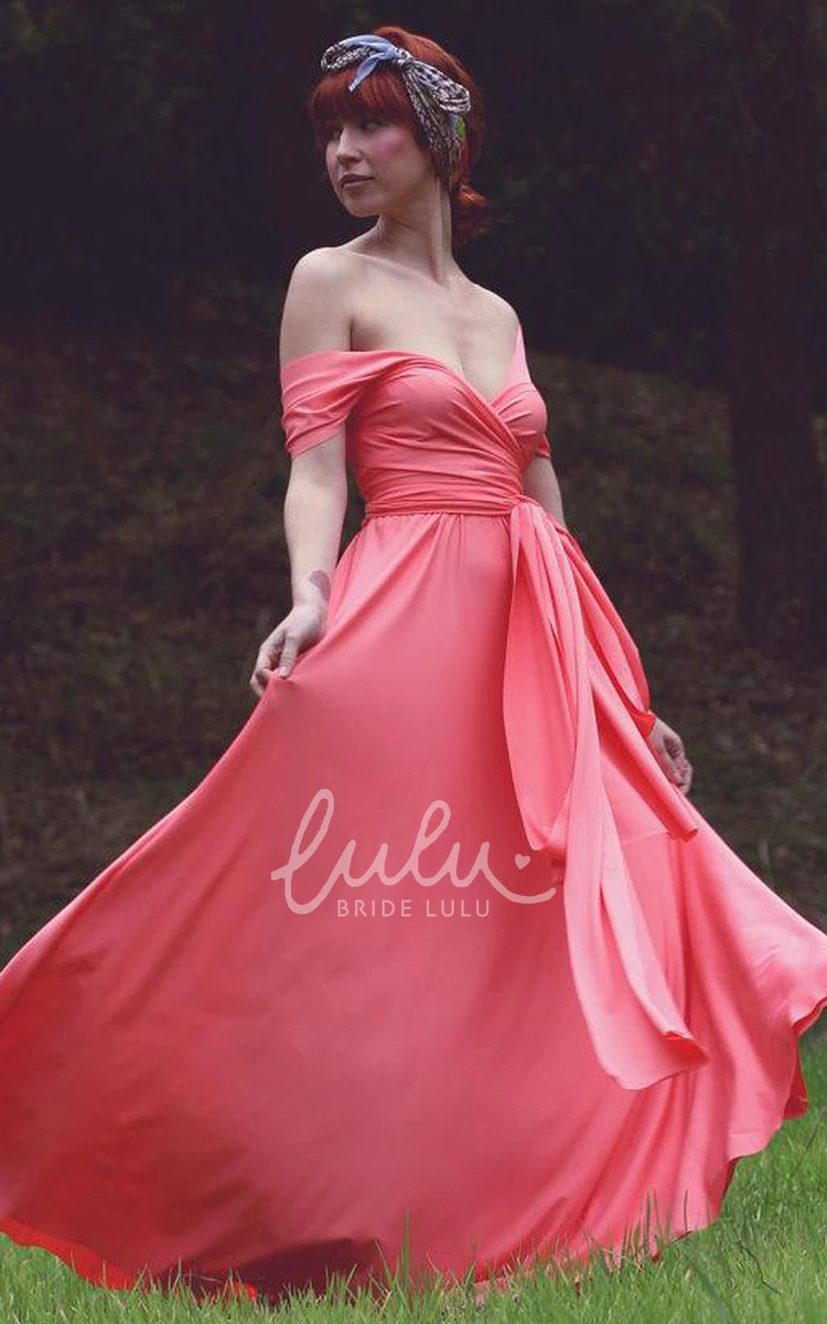 Chiffon Off-Shoulder Long Bridesmaid Dress with Flowy Skirt