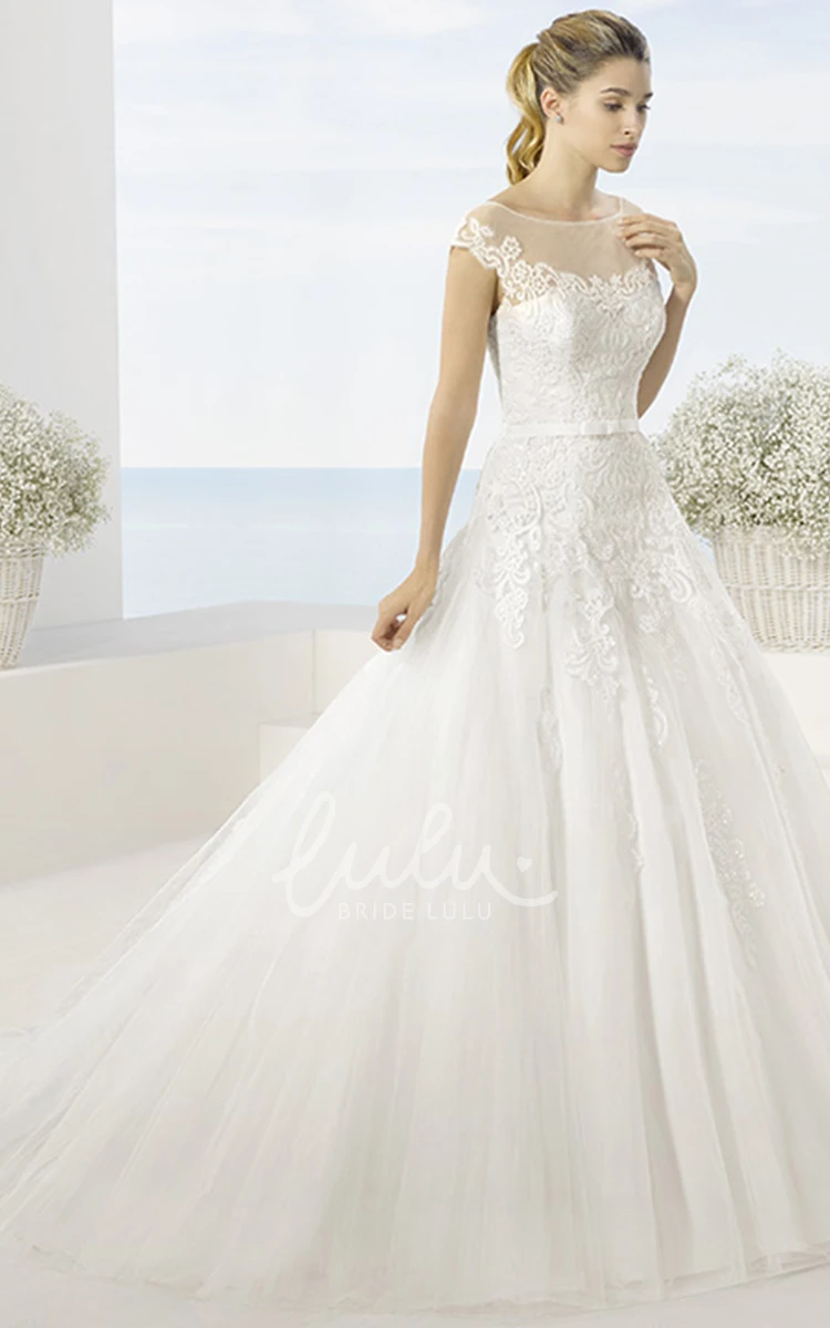 Scoop-Neck Tulle Wedding Dress with Short Sleeves and Illusion + Ball Gown + Waist Jewelry