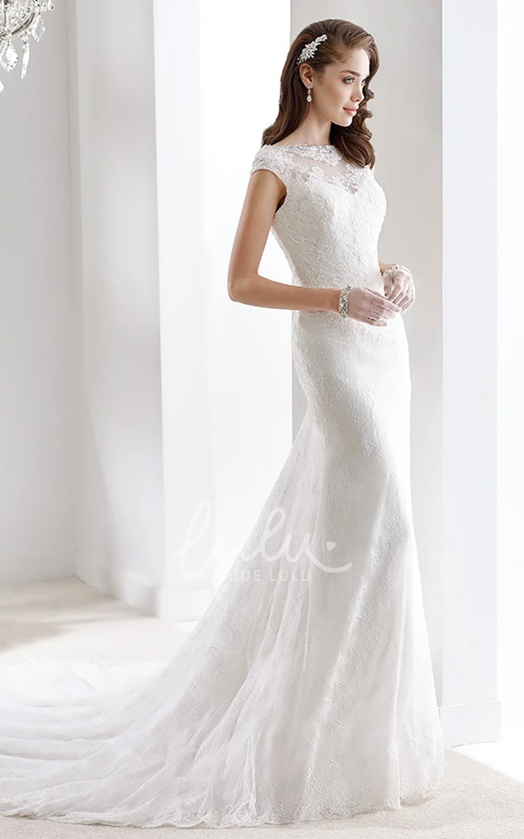 Pleated Lace Wedding Dress with Cap Sleeves and Low V-Back