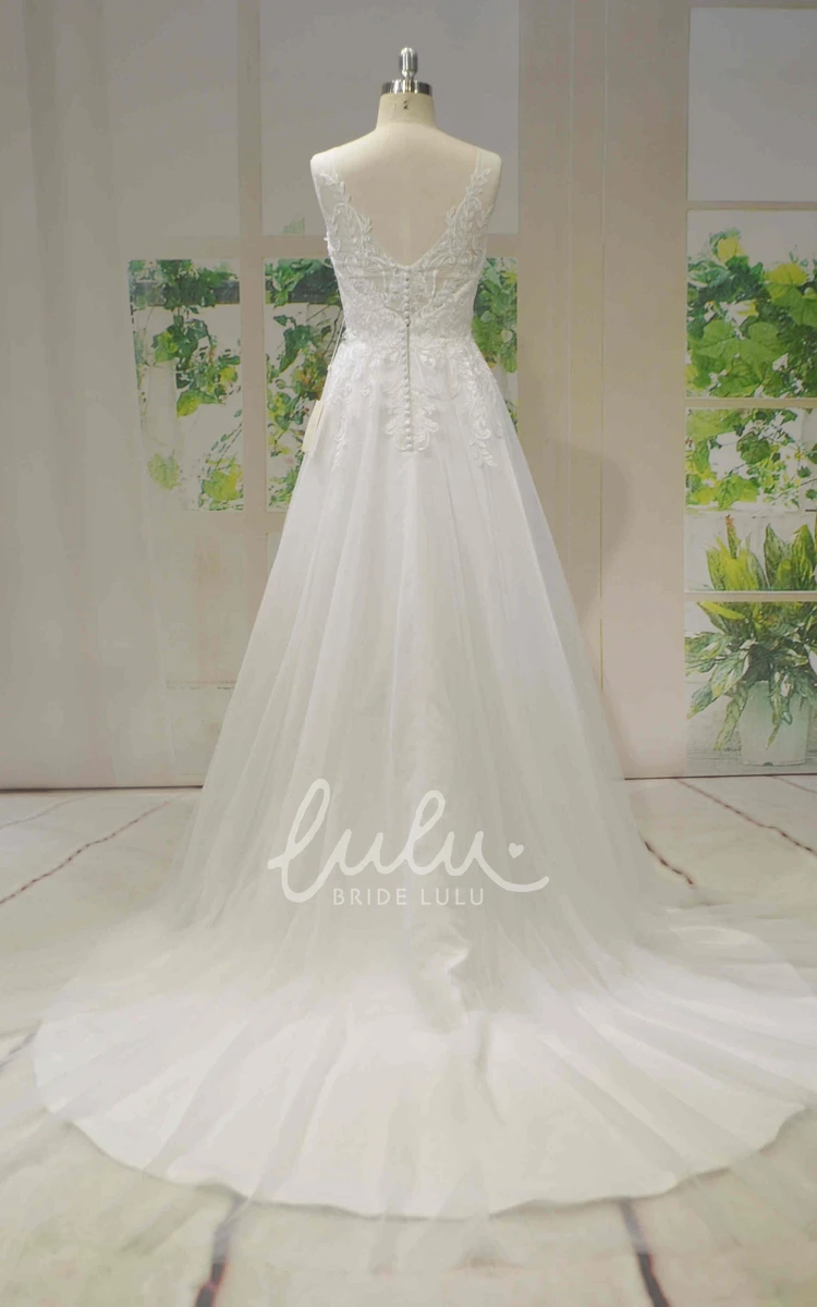 Tulle A-line Beaded Wedding Dress with V-back and Lace Elegant Bridal Gown