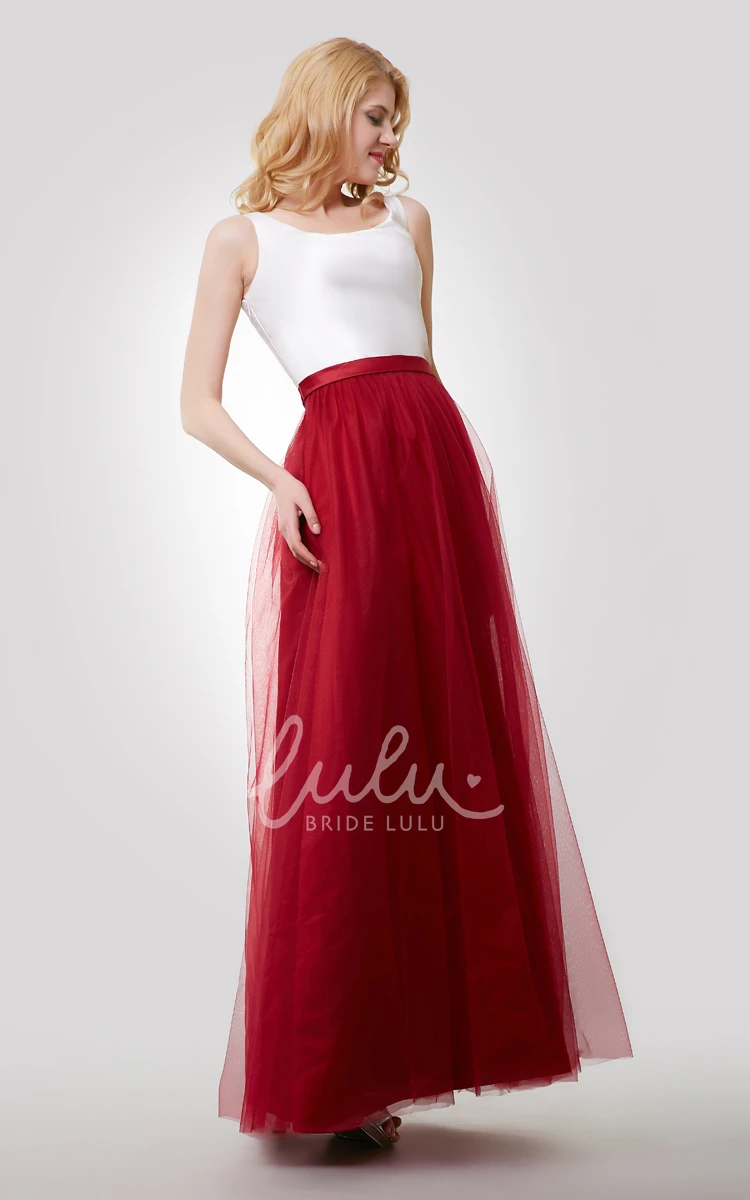 Color Block A-Line Tulle Bridesmaid Dress with Bateau Neck