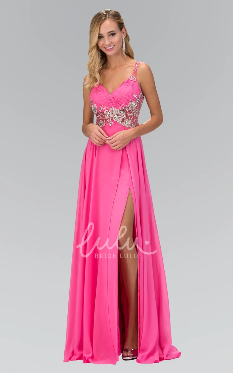 Chiffon A-Line Split Front Beaded Straps Prom Dress